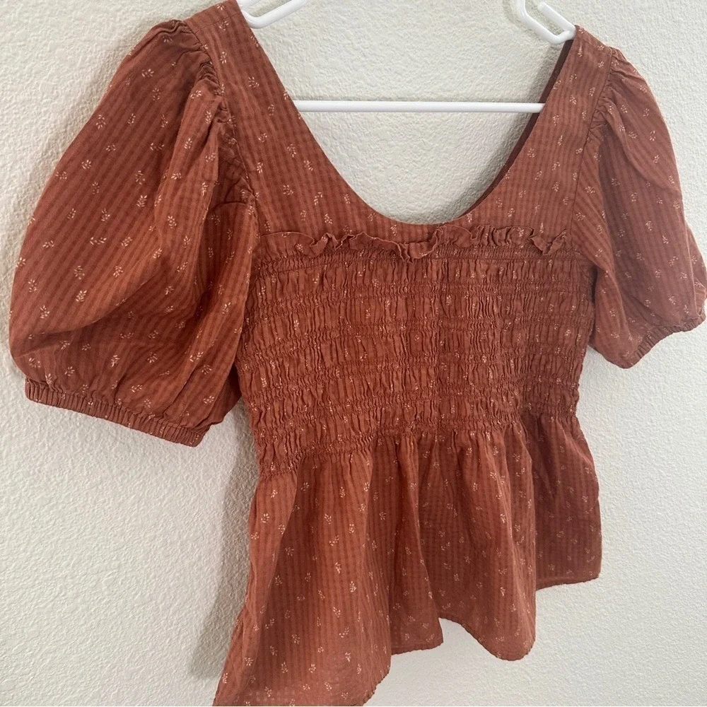 Madewell Smocked Peplum Top Womens 4 Rust Floral Puff Sleeve Square Neck